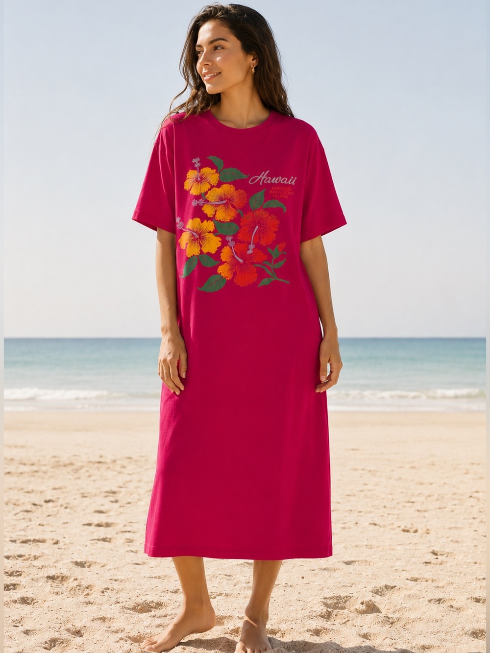 Vintage Jerzees Hawaii Hibiscus T-Shirt Dress One Size Tunic Pink